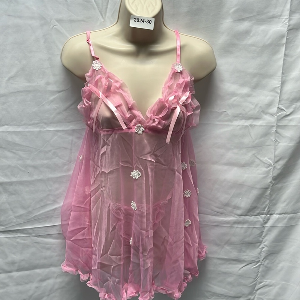 2pc Pink white flower open back babydoll style lace lingerie